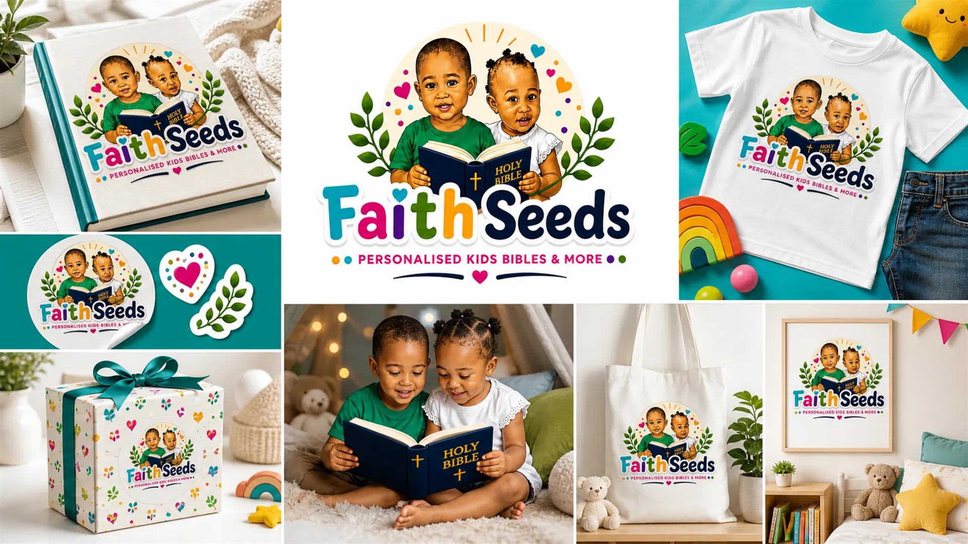 Faith Seeds colourful children's Bible brand identity mockups