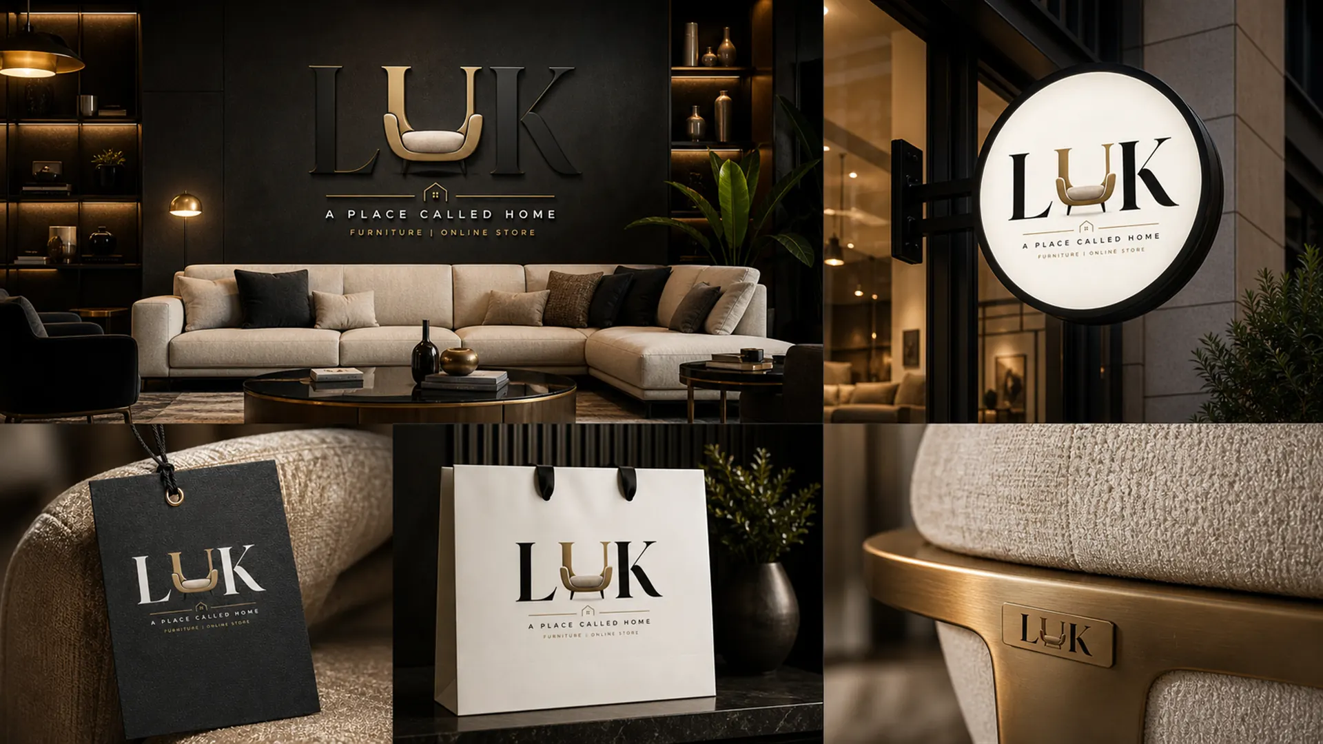 LUK Furniture brand identity applied across luxury furniture and stationery mockups