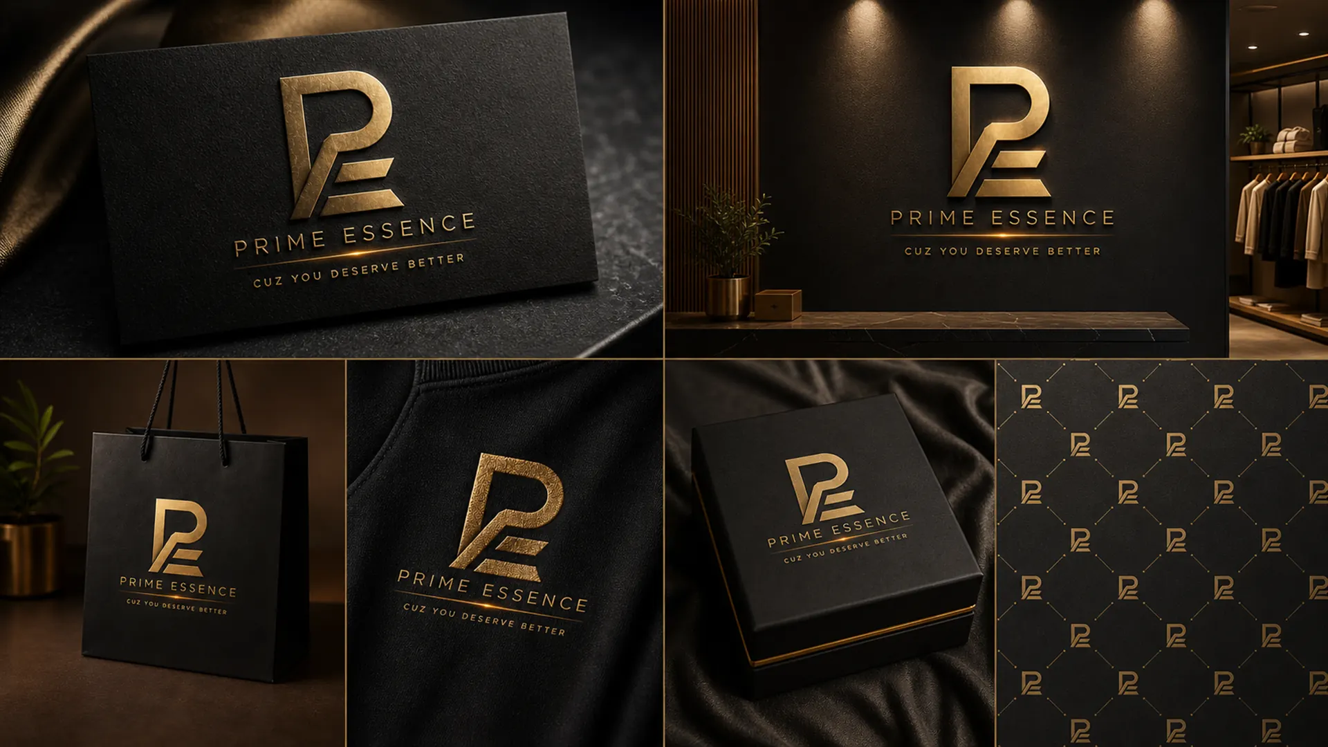 Prime Essence gold and black brand identity mockups