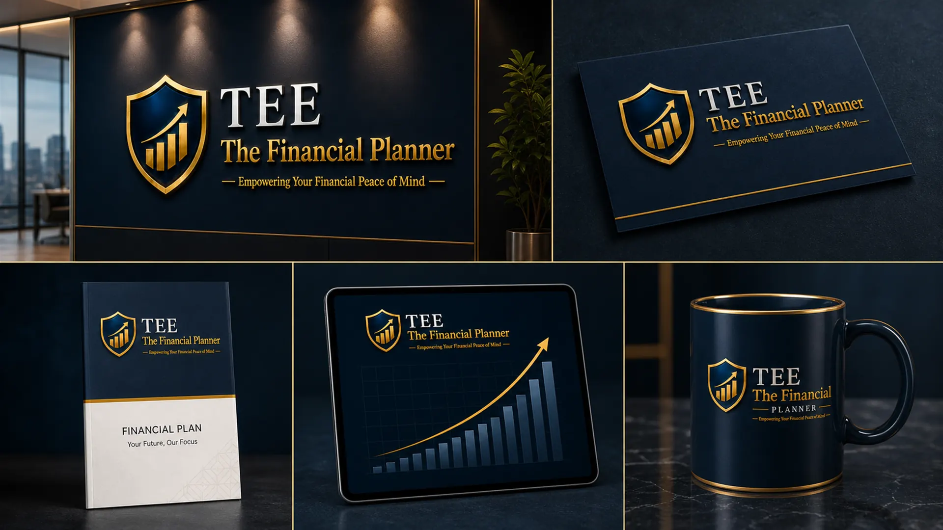 TEE The Financial Planner navy and gold brand identity mockups